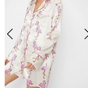 Nasty Gal Satin Flamingo Print Long Sleeve Night Dress